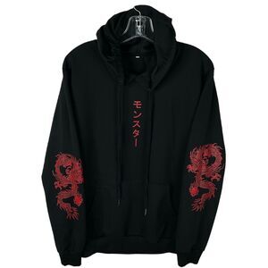 Shein Men's Medium Black Hoodie Sweatshirt Graphic Red Chinese Dragons/Lettering